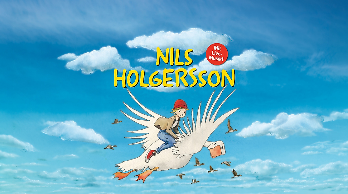 Illustration von Nils Holgersson auf einer Wildgans
