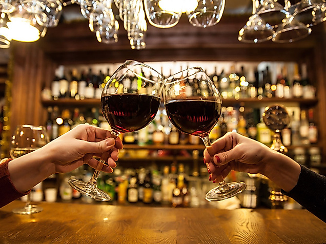 Zwei Personen stoßen mit Rotweingläsern an einer gemütlichen Bar mit großer Weinauswahl an