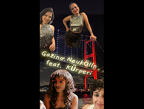 Collage unterschiedlicher Menschen auf dem Hintergrund einer Brücke mit der Aufschrift »Gazino Neukölln feat. Kürperi«
