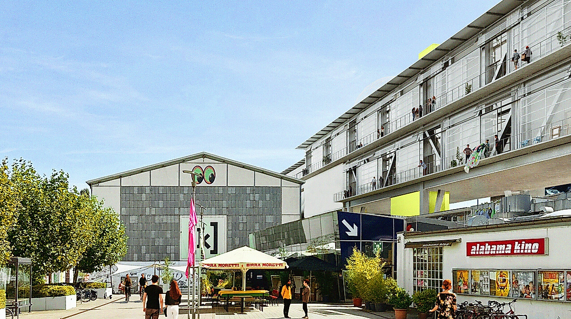 View of the Kampnagel building, the piazza, the Peacetanbul restaurant, and the Alabama cinema.