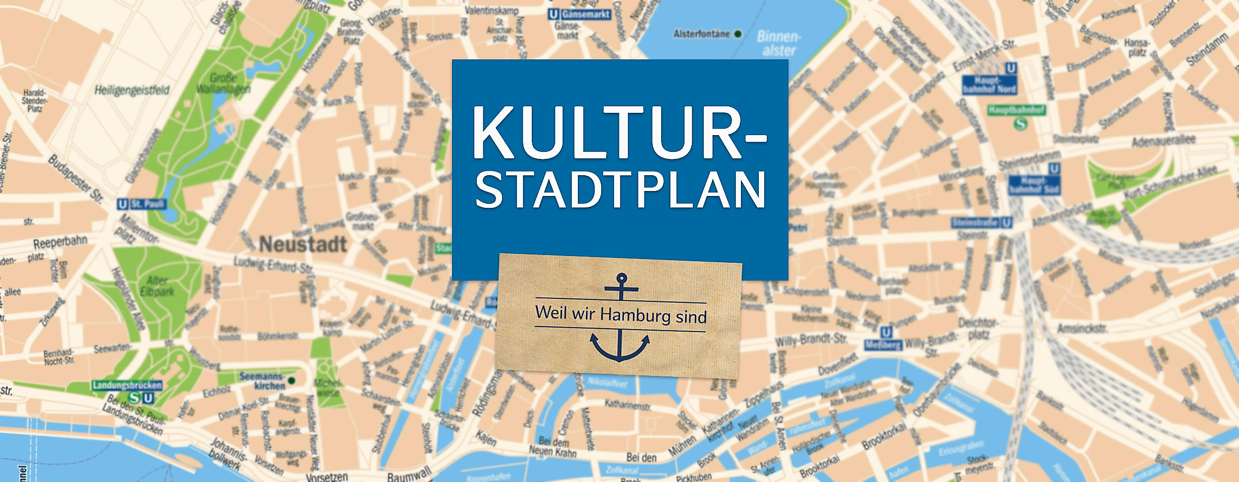 Deckblatt des Kulturstadtplans mit stilisierter Hamburg-Karte und Schriftzug „Kulturstadtplan Hamburg“