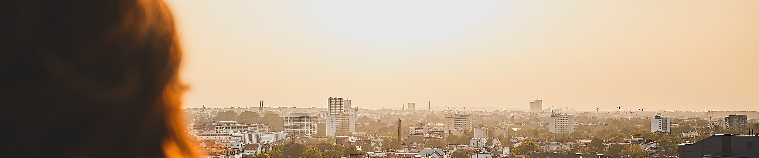 Person blickt bei Sonnenuntergang über das Stadtpanorama von Hamburg.