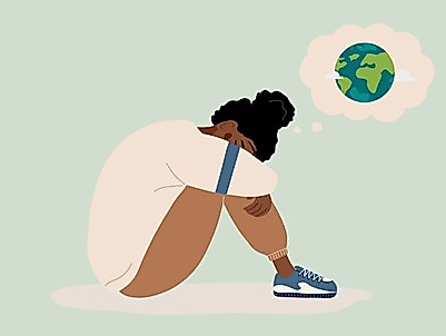 Auf dem Boden hockende Person, die sich sorgenvolle Gedanken um die Welt macht.