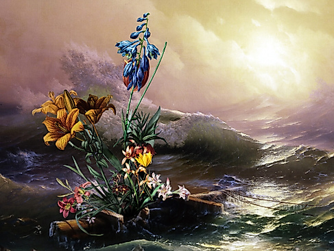 Verschiedene Blumen schwimmen auf einem Stück Holz in stürmischem Wasser.