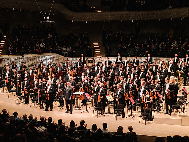 Stehendes Orchester auf der Bühne im großen Saal der Elbphilharmonie