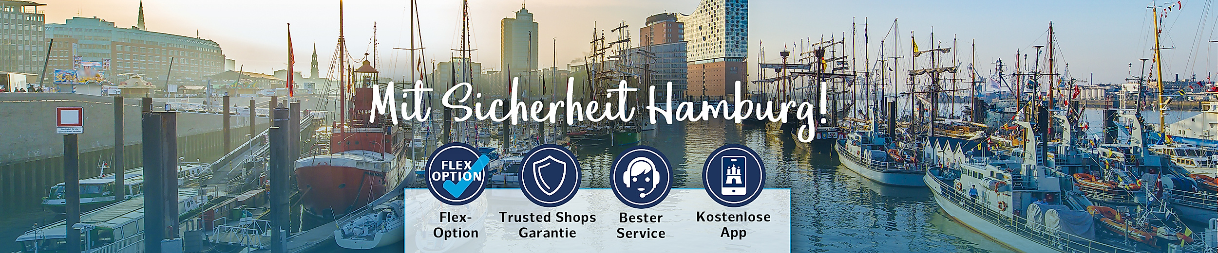 Sonnenaufgang über dem Hamburger Hafen mit Icons zu Vorteilen bei Buchung mit Text:" MIT SICHERHEIT HAMBURG"..