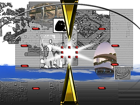 Abstrakte Grafik mit Memes und futuristischer Architektur