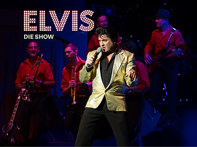 Elvis Darsteller auf der Bühne mit Band im Hintergrund