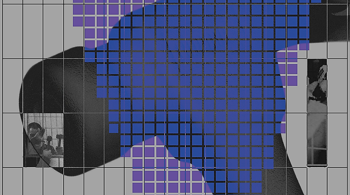 Key visual for the exhibition “Hammerschlag” by Simon Schultz. The graphic depicts a hammer covered in blue patches of color.