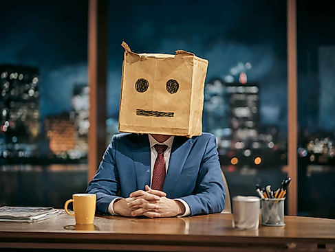 Talkshow-Moderator mit Papiertüte über dem Kopf auf die ein Gesicht gezeichnet wurde