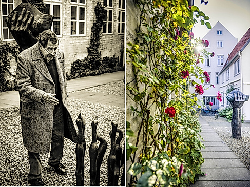 Günter Grass neben seiner Skulptur 7 Vögel