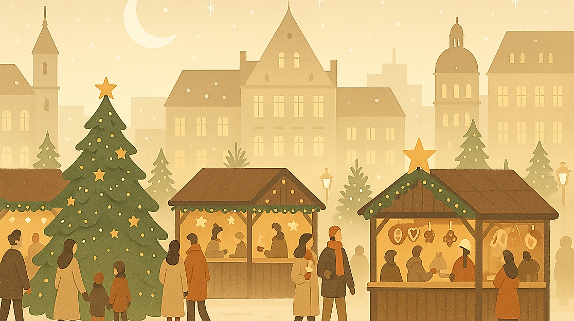 Weihnachtlicher Marktplatz bei Dämmerung - Mit KI generiertes Bild.