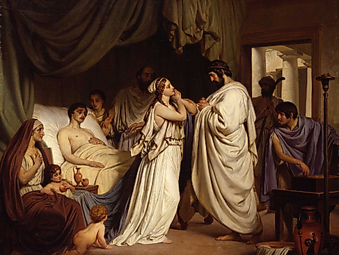 Ludwig Rosenfelder, Die Medizin (oder Hippokrates am Krankenbett), Öl/Leinwand, 1863