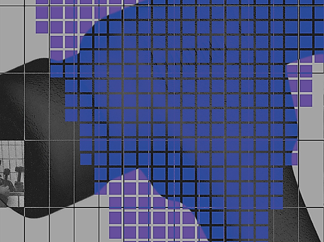 Key visual for the exhibition “Hammerschlag” by Simon Schultz. The graphic depicts a hammer covered in blue patches of color.