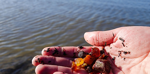 Hand hält gesammelten Bernstein am Meeresufer im Sonnenlicht