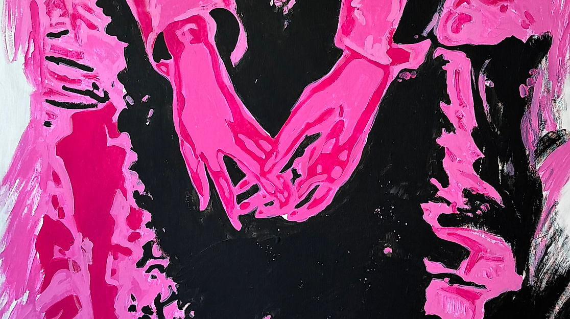 Farbe – Rosa Material – Haut, Drang – Liebe, Mittel – Leben, Ziel – Ekstase, Idee – Berührung. Acryl auf Leinwand, 140  110 cm, 2022.