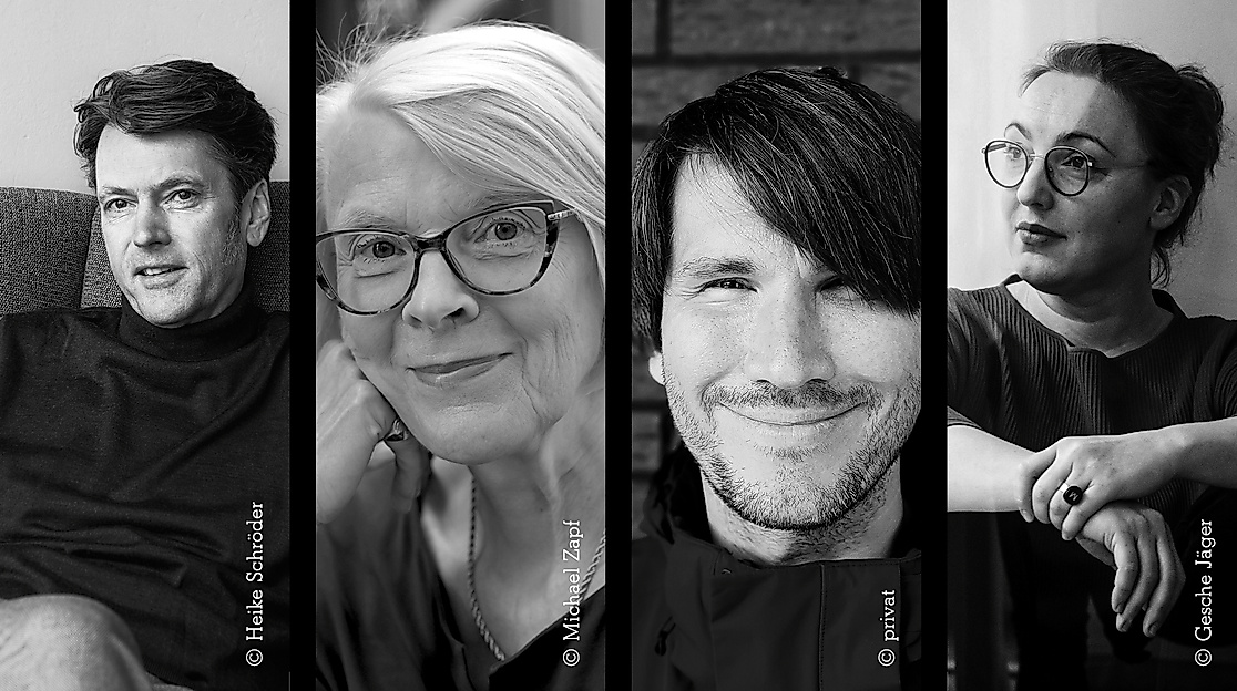 Collage of four black-and-white portrait photos, two of which are read as female and two as male, and predominantly younger-looking.
