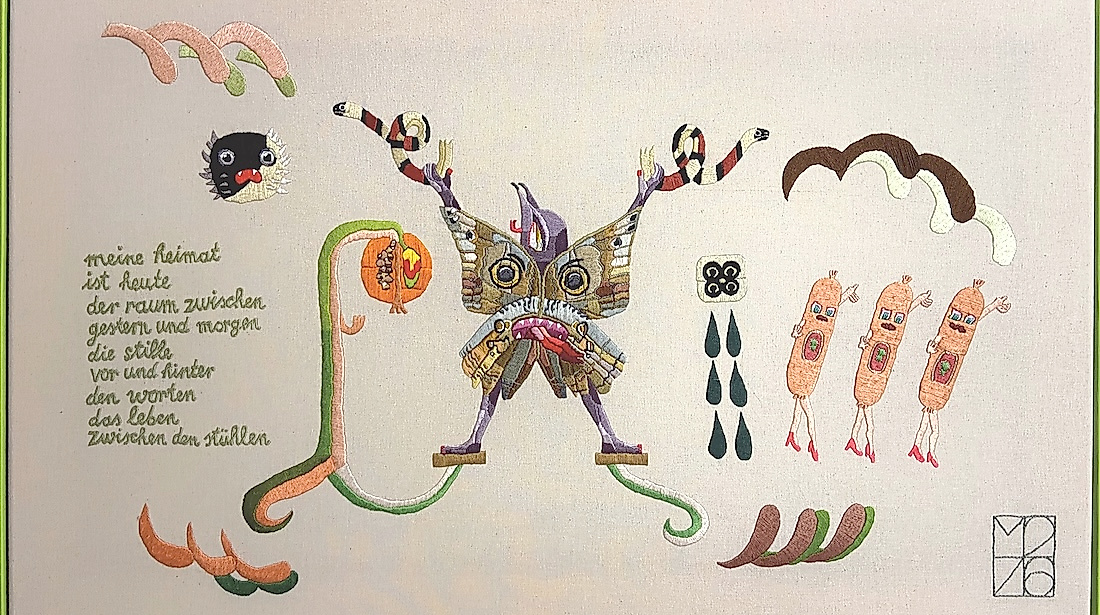 Miriam Zadil, auskunft, gesticktes Gedicht von May Ayim, 2026, Garn auf Nessel, 46 x 76 cm