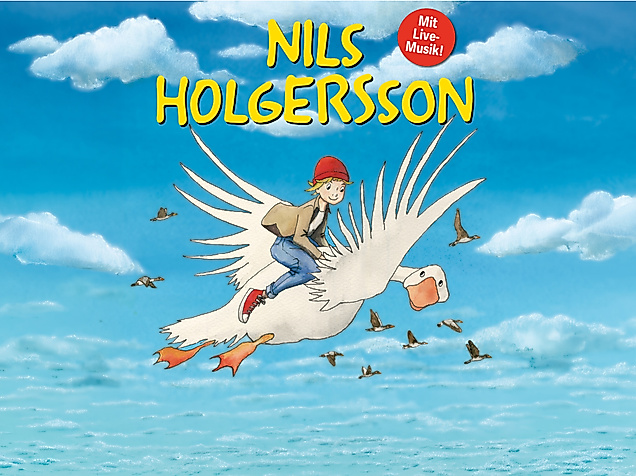 Illustration von Nils Holgersson auf einer Wildgans