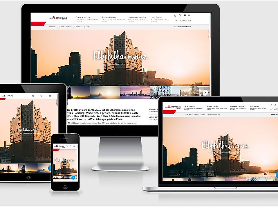 Website mit Hamburg CARD auf Smartphone, Tablet, Laptop und Desktop im responsiven Design angezeigt