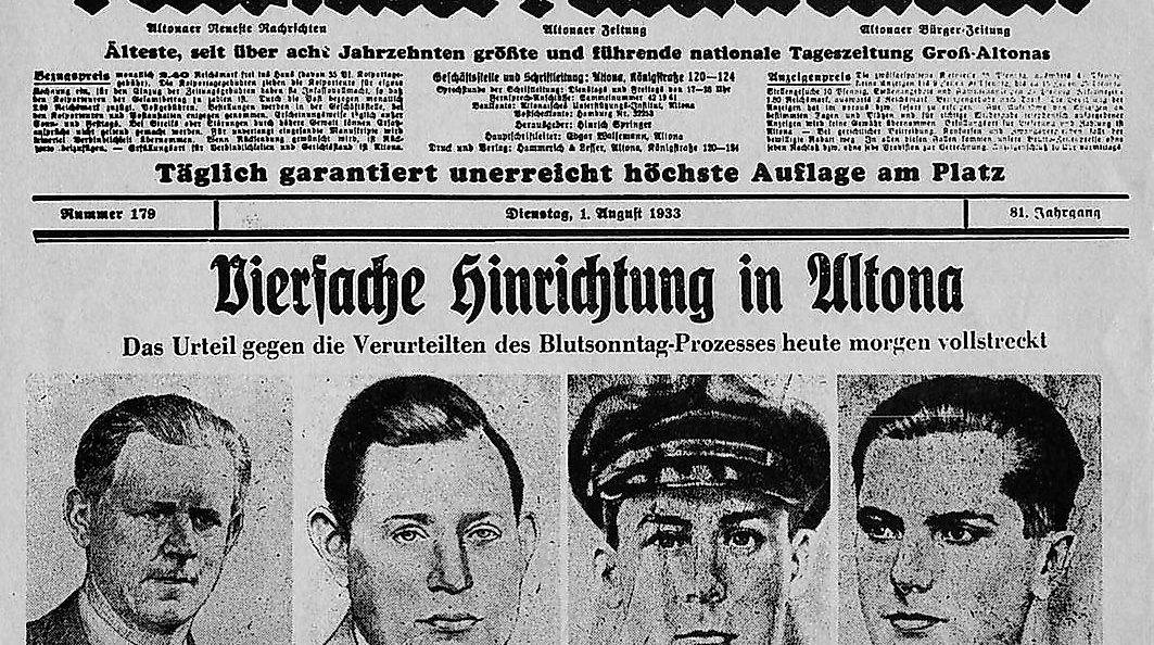 Zeitungsseite Altonaer Nachrichten 1933. Vierfache Hinrichtung in Altona
