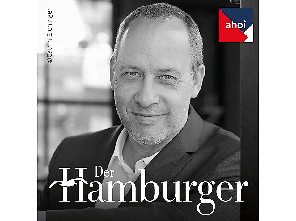 Podcast-Cover „Der Hamburger“ mit Schwarz-Weiß-Porträt von Michael Otremba, GF Hamburg Tourismus GmbH und Hamburg-Ahoi-Logo.
