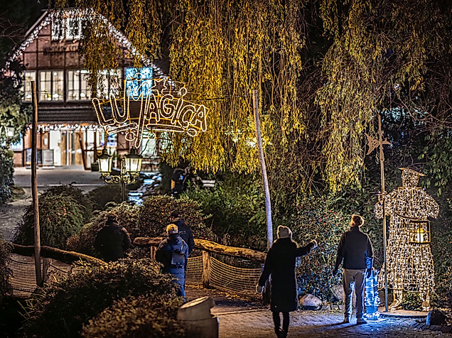 Beleuchteter Weg mit Besucher:innen und Lichterdeko vor Fachwerkhaus im Wildpark Schwarze Berge bei LUMAGICA