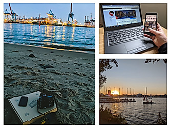 Collage mit Elbstrand und Hafenblick, Laptop mit Hamburg-Webseite und Sonnenuntergang am Wasser