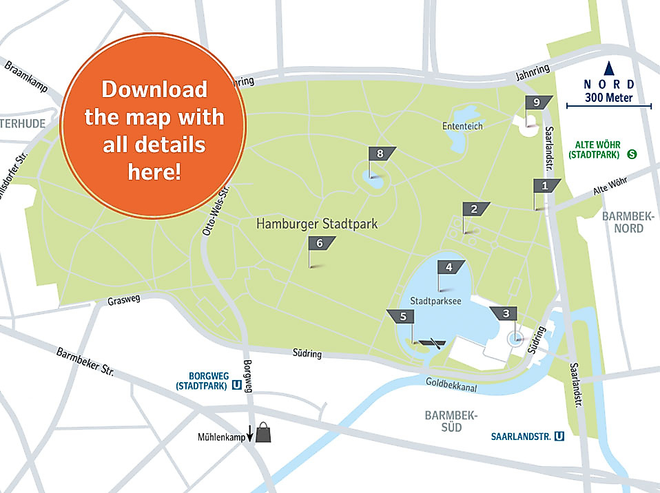 Map of Hamburg’s Stadtpark with marked park route and highlights