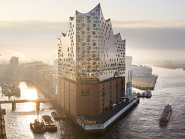 Elbphilharmonie Luftaufnahme Sonnenaufgang