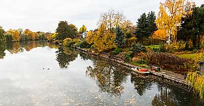 Herbstlich gefärbter Park mit ruhigem See in Hamburg, Laub auf dem Wasser und bunter Ufervegetation