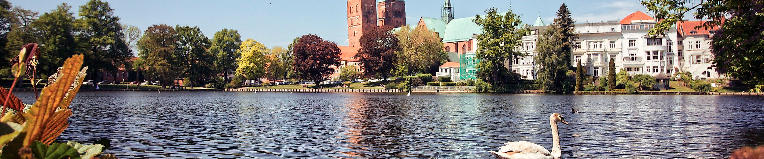 Blick über See auf den Dom zu Lübeck mit Zwillingstürmen bei klarem Himmel und Sommerstimmung