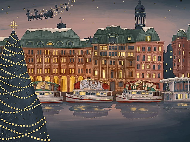 Illustrierte Szene mit festlich beleuchteten Hamburger Märchenschiffen vor dem Rathaus bei winterlicher Abendstimmung