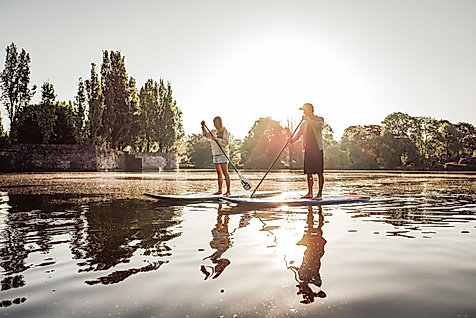Zwei Personen beim Stand-up-Paddling im Gegenlicht auf ruhigem Wasser vor Bäumen und Abendsonne