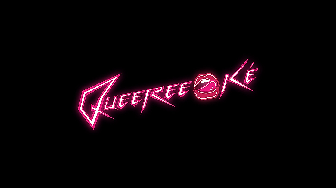 The word "Queereeoké" in pink font in the style of neon tube design on a black background. The letter o is replaced by lips with two teeth and a tongue grazing the corner of the mouth.