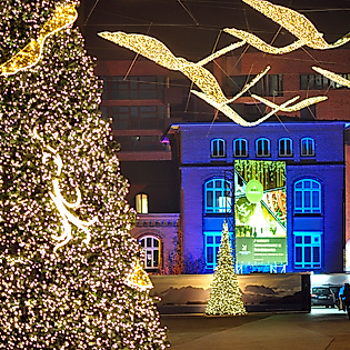 Leuchtender Weihnachtsbaum und Lichterketten auf dem Weihnachtsmarkt im Überseequartier Hamburg bei Nacht
