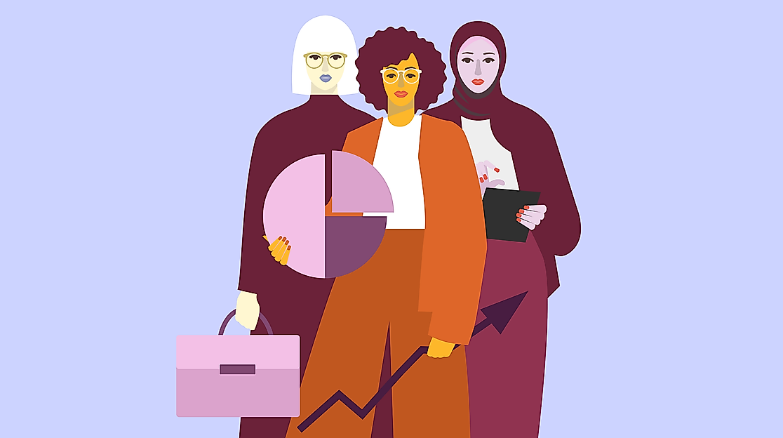 Grafik mit drei Frauen und einem symbolischen Kuchendiagram