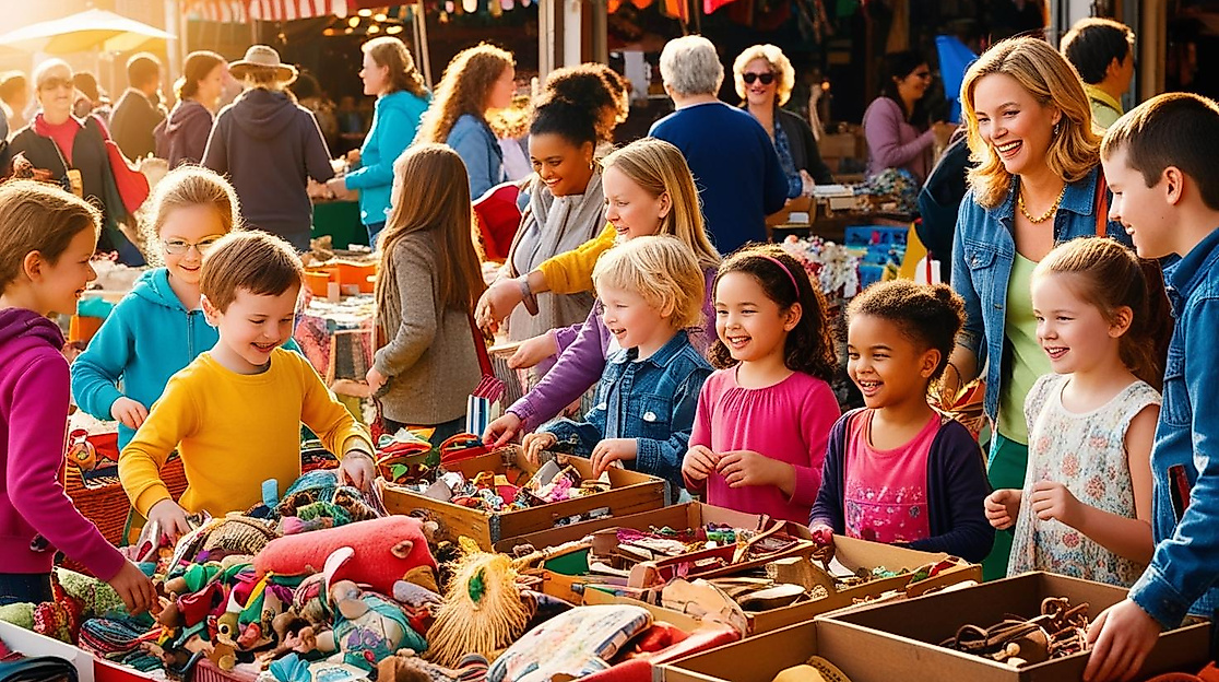 Flohmarkt mit Kindern und Erwachsenen