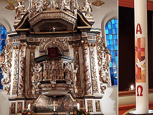 Altar der Schloßkirche und Taufkerze