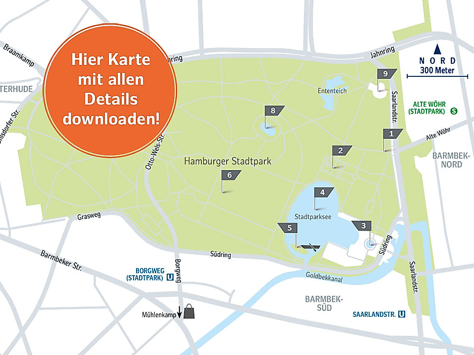 Karte des Hamburger Stadtparks, Hamburgs grüner Oase, mit eingezeichneter Park-Route