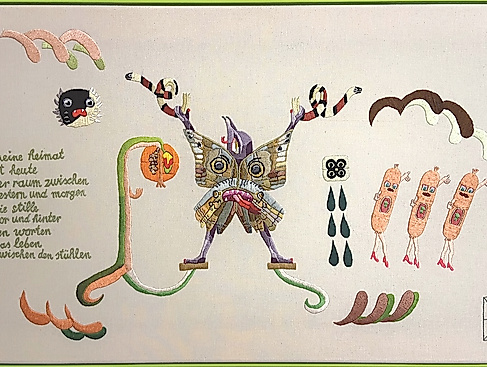 Miriam Zadil, auskunft, gesticktes Gedicht von May Ayim, 2026, Garn auf Nessel, 46 x 76 cm
