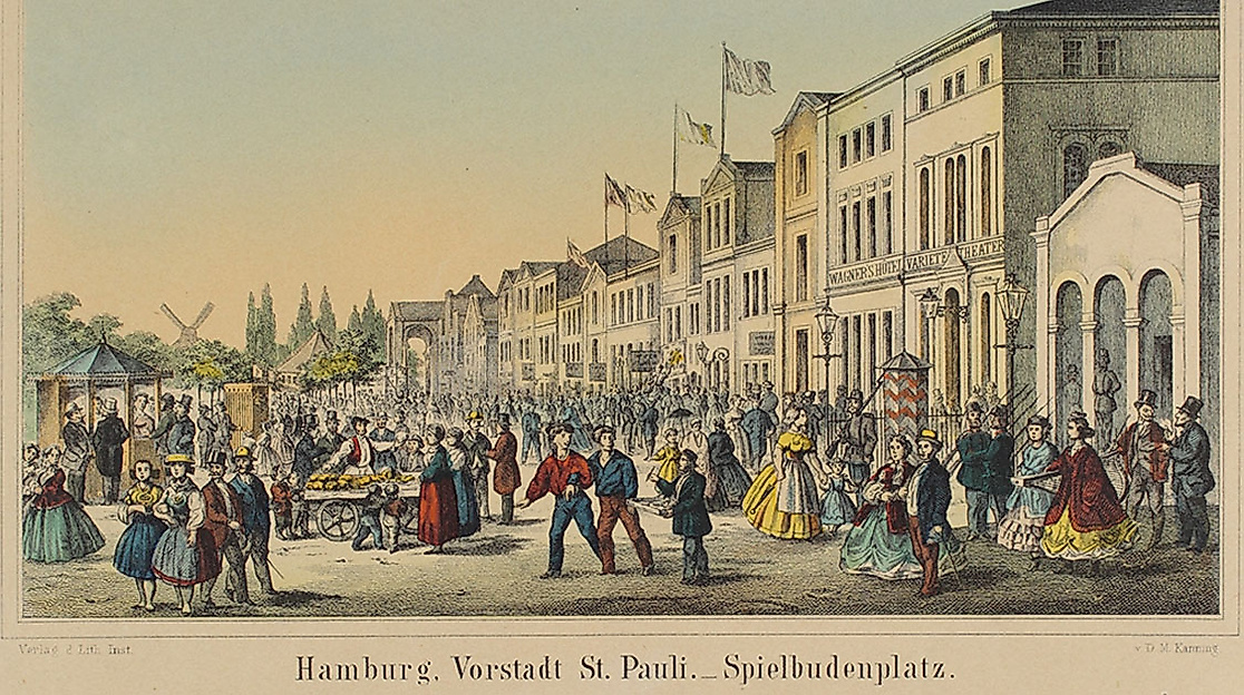 Postkarte Vorstadt St. Pauli. Spielbudenplatz 1860-1870