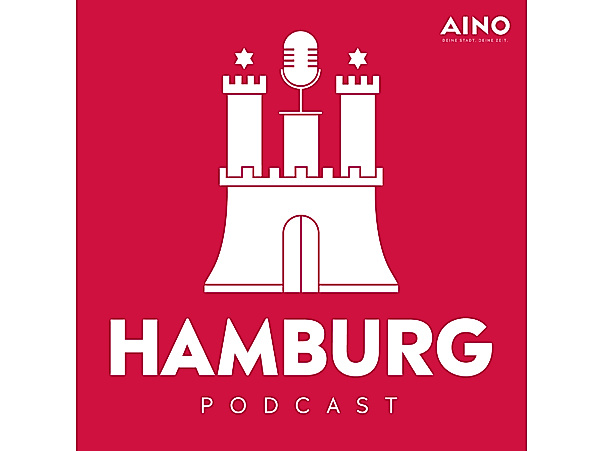 Rotes Logo des „Hamburg Podcast“ mit stilisierter weißer Stadtsilhouette und Schriftzug „HAMBURG“