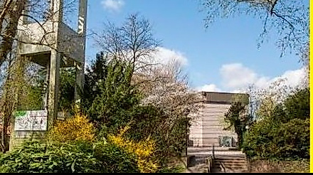 Kirchturm mit grünen Sträucher und im Hindergrund Kirchengebäude