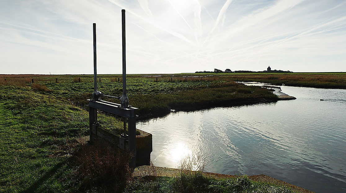 Salzwiese auf Neuwerk mit Entwässerungsgraben und hölzernem Schöpfwerk bei tief stehender Sonne.