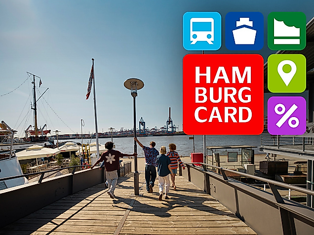 Vier Personen am Hamburger Hafen mit Blick auf Elbe – Hamburg CARD für Mobilität, Attraktionen und Rabatte
