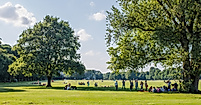 Menschen genießen das Sommerwetter auf der großen Wiese im Hamburger Stadtpark unter grünem Blätterdach