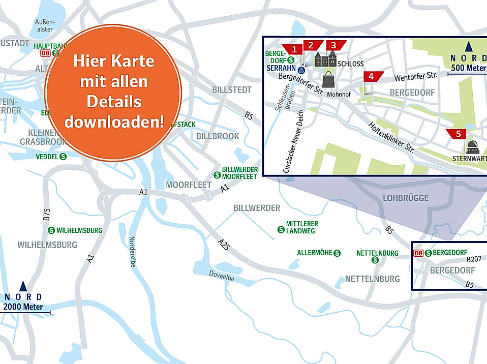 Karte der Schloss-Route in Hamburg-Bergedorf mit Sehenswürdigkeiten, Grünflächen und historischen Stationen