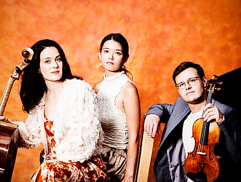 Musikertrio vor orangefarbenem Hintergrund