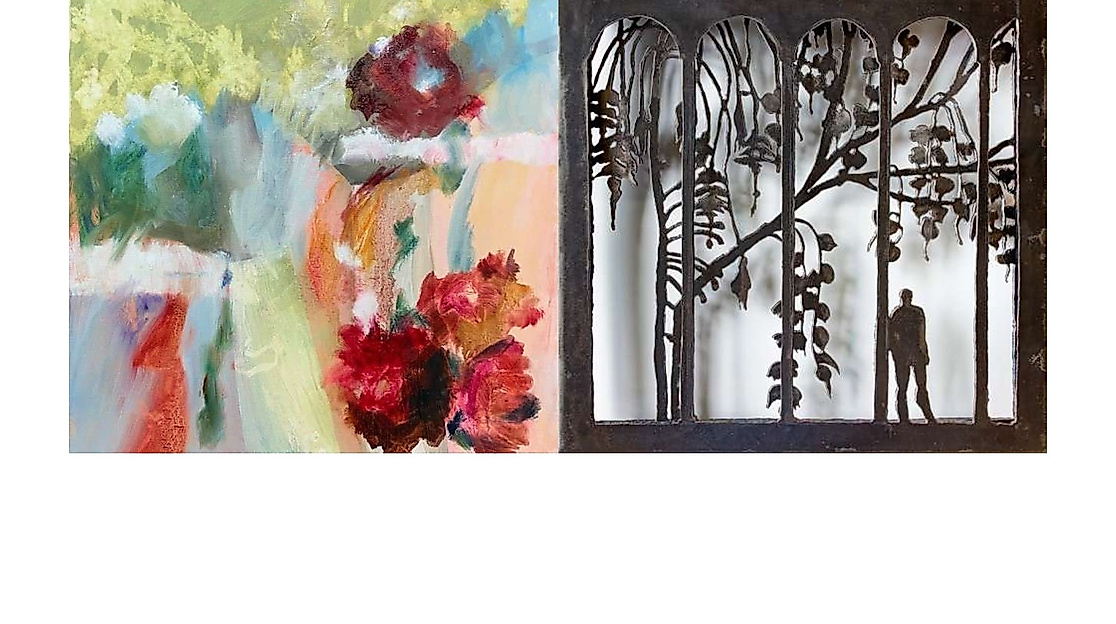 Irene Heller-Janton: Garten V (Öl auf Leinwand)- Isabel Lange: Voller Wunde (Eisen)